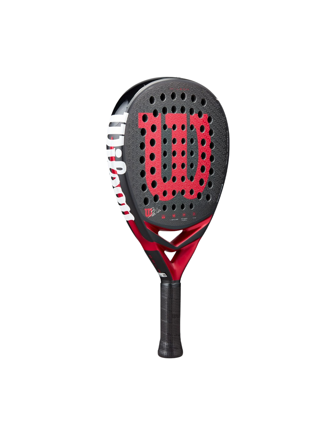 Angled view of the Wilson Bela V3 2025 padel racket showing the black textured surface, red Wilson logo and perforated holes, designed for advanced players.