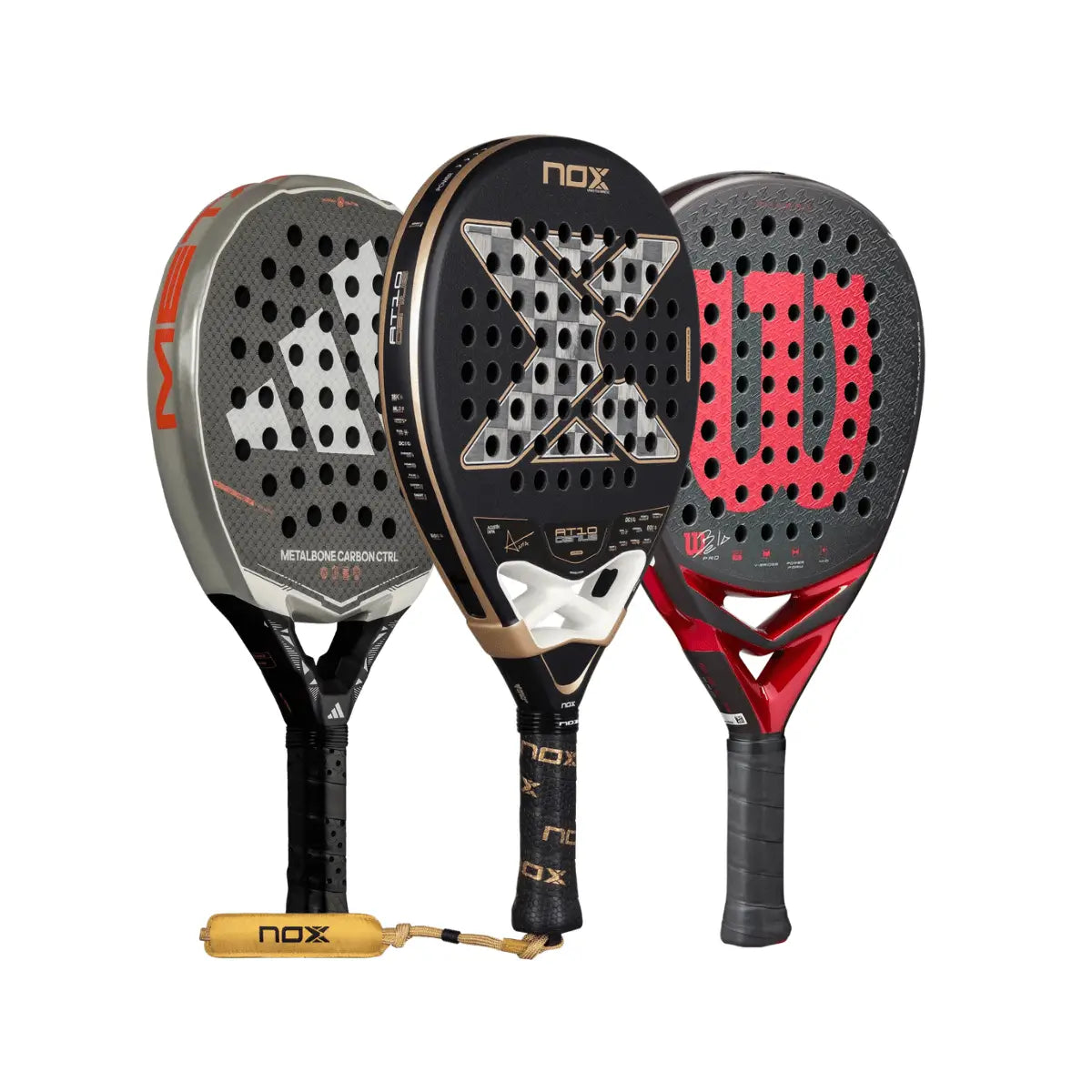 Metalbone carbo ctrl, nox at10 18k and a wilson bela v3 padel rackets.