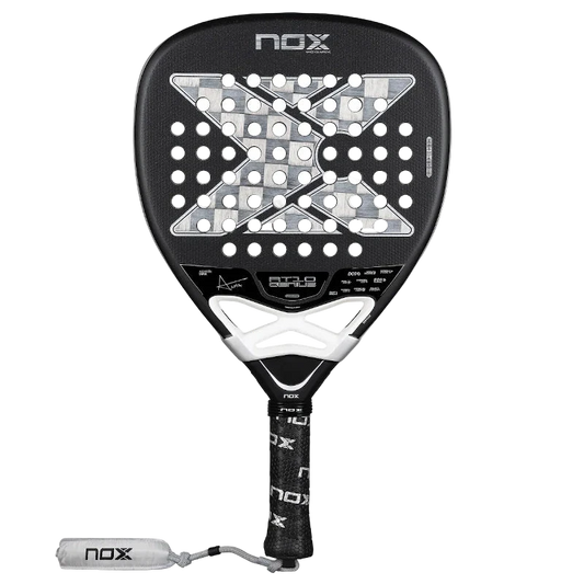 Front view of the black and white Nox AT10 Luxury Genius Attack 18K padel racket with perforated face.