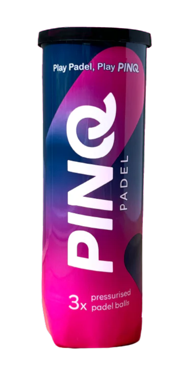 PINQ padel balls single tube with pink and blue branding showing three pressurised padel balls inside.