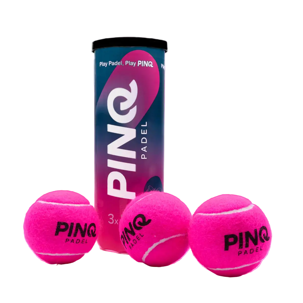 PINQ padel balls single tube with three bright pink padel balls displayed in front of the packaging. 