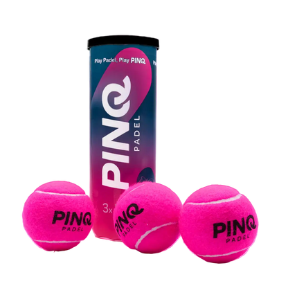 PINQ padel balls single tube with three bright pink padel balls displayed in front of the packaging. 