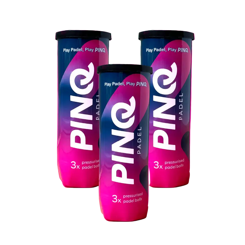 PINQ padel balls three tube pack showing bold pink and blue design ideal for training sessions and matches designed for all padel players.