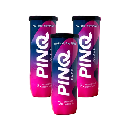 PINQ padel balls three tube pack showing bold pink and blue design ideal for training sessions and matches designed for all padel players.