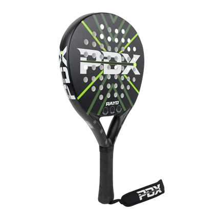 PDX Rayo beginner padel racket angled front view with fibreglass face and control design, designed for beginner players