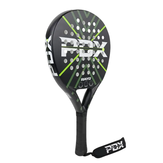 PDX Rayo beginner padel racket angled front view with fibreglass face and control design, designed for beginner players