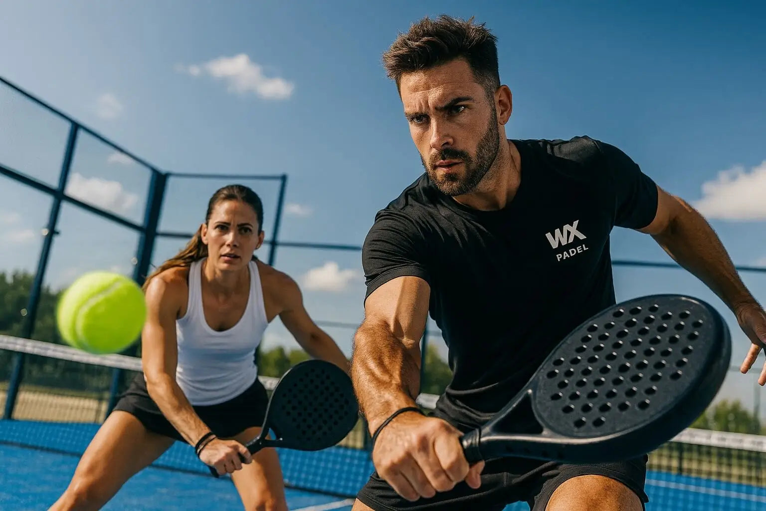 One male and one female players wearing WX Padel clothing during a match on an outdoor court, promotional brand image.