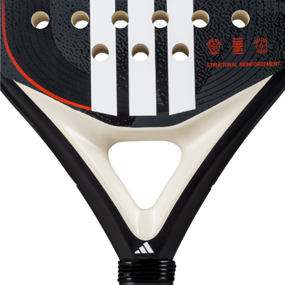 Adidas Drive 3.4 black padel tennis racket for beginners, close-up of throat section with white stripes and red structural text