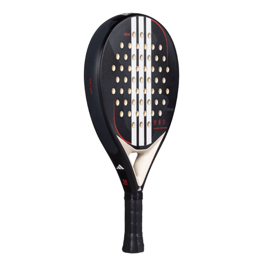 Adidas Drive 3.4 padel tennis racket. Black racket with 3 white stripes nd black grip. Front angled view 