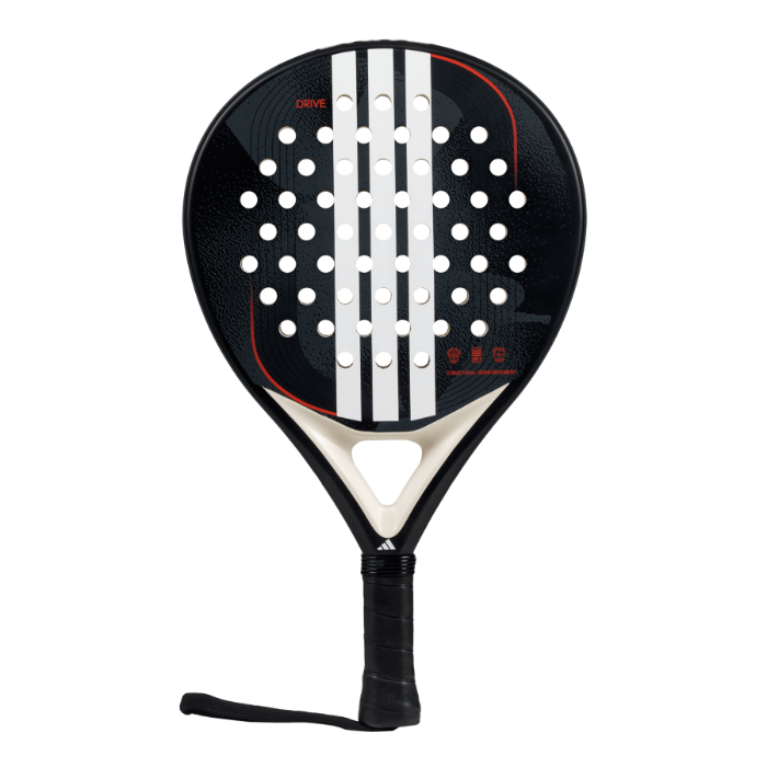 Adidas Drive 3.4 black padel tennis racket for beginners, front view on transparent background with 3 white stripes.