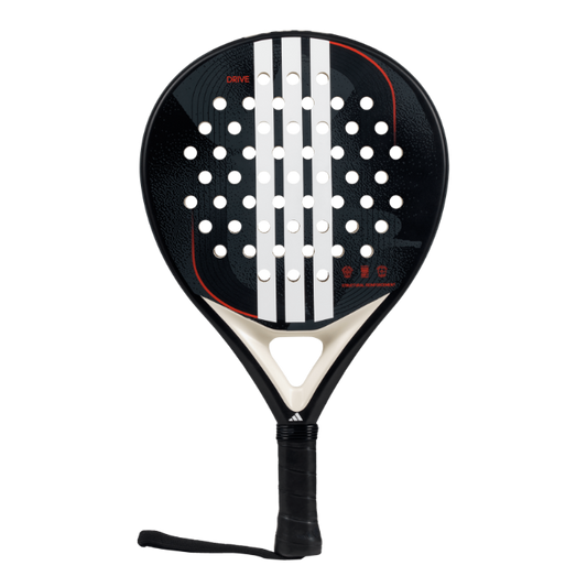 Adidas Drive 3.4 black padel tennis racket for beginners, front view on transparent background with 3 white stripes.