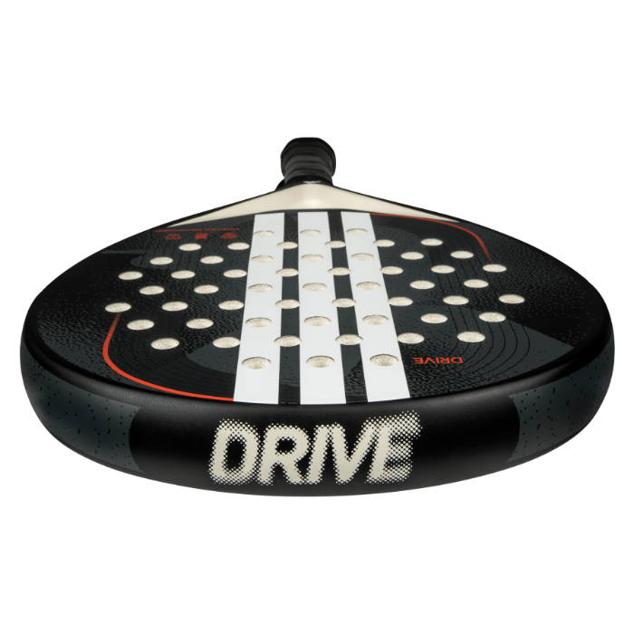 Adidas Drive 3.4 black padel tennis racket for beginners, close-up angle showing DRIVE branding and white stripes on transparent background