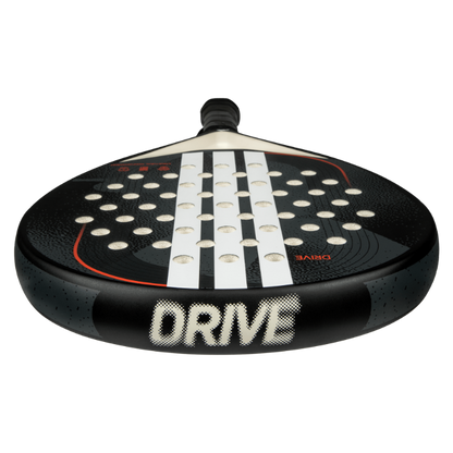 Adidas Drive 3.4 black padel tennis racket for beginners, close-up angle showing DRIVE branding and white stripes on transparent background