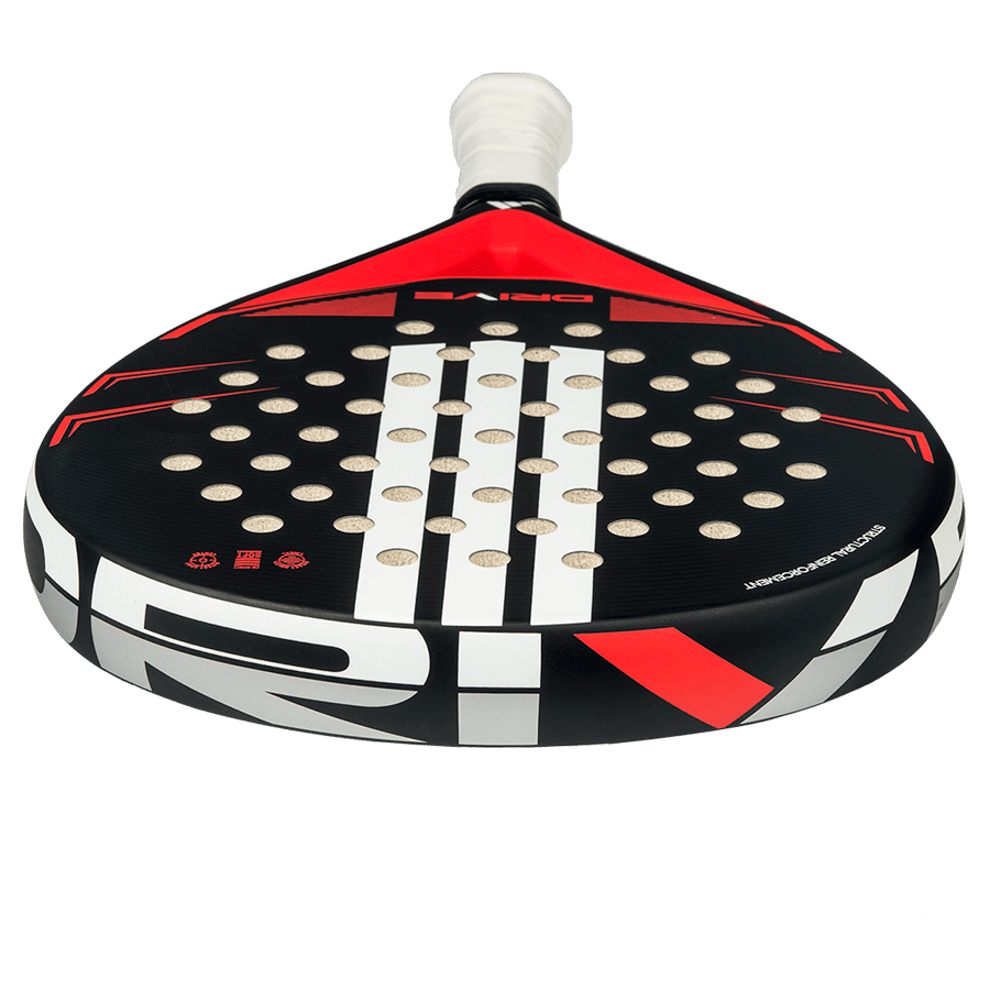 adidas drive black 2026 padel racket shown from a lower front angle with black white and red design designed for beginner players.