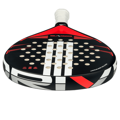adidas drive black 2026 padel racket shown from a lower front angle with black white and red design designed for beginner players.