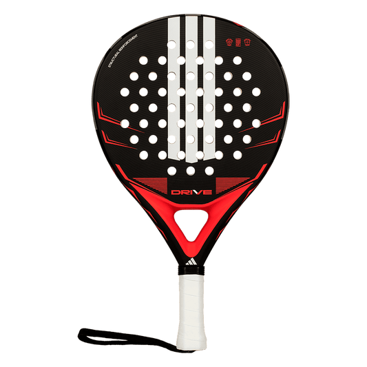 adidas drive black 2026 padel racket full front view with white stripe pattern and red accents designed for beginner players.