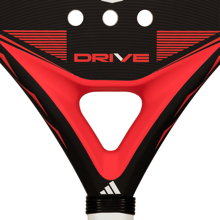 adidas drive black 2026 padel racket neck close up highlighting drive branding and structural reinforcement designed for beginner players.