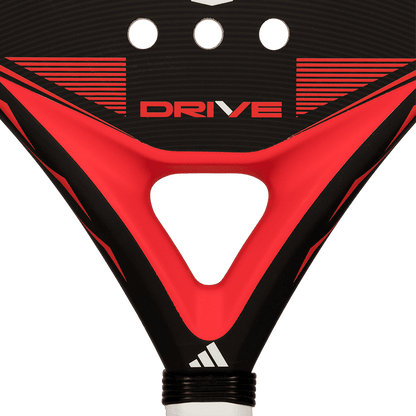 adidas drive black 2026 padel racket neck close up highlighting drive branding and structural reinforcement designed for beginner players.
