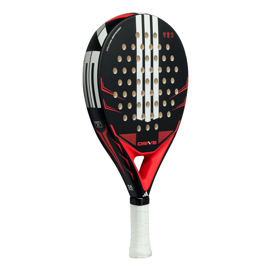 adidas drive black 2026 padel racket angled view showing round head shape and control focused layout designed for beginner players.