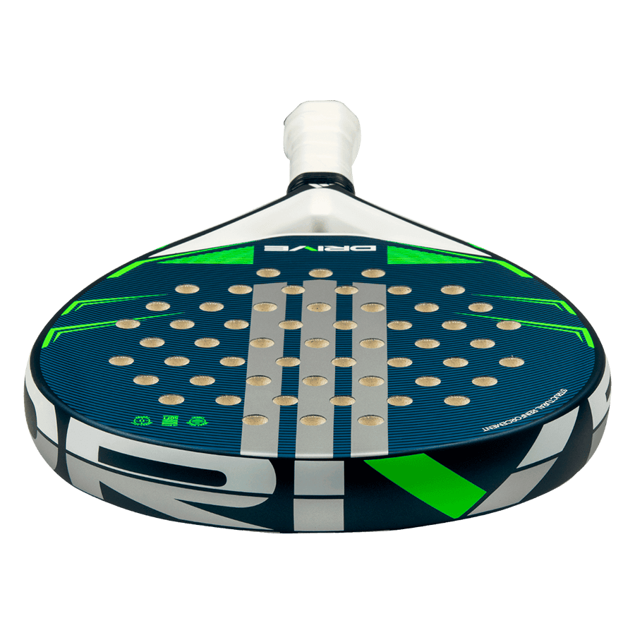 adidas drive blue 2026 padel racket shown from a lower front angle with blue and green design and round head shape designed for beginner players.
