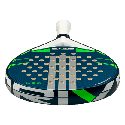 adidas drive blue 2026 padel racket shown from a lower front angle with blue and green design and round head shape designed for beginner players.