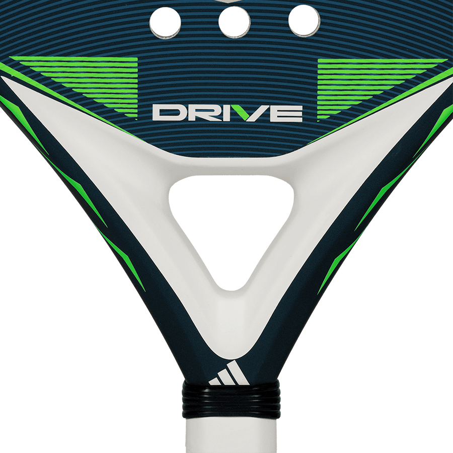 adidas drive blue 2026 padel racket close up of neck and throat showing drive branding designed for beginner players.