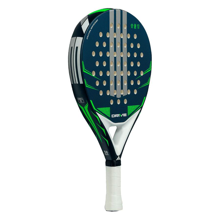 adidas drive blue 2026 padel racket angled view showing round head shape and blue frame designed for beginner players.