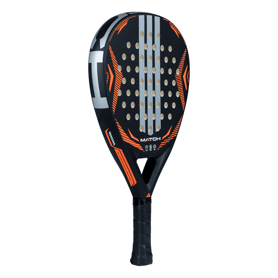 Angled view of Adidas Match 2026 black and orange padel racket showing balanced shape and easy handling, designed for beginner players