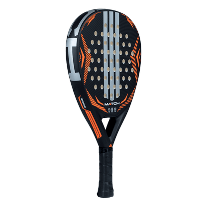 Angled view of Adidas Match 2026 black and orange padel racket showing balanced shape and easy handling, designed for beginner players