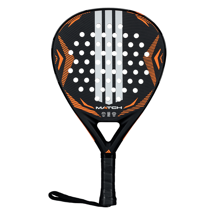 Front view of Adidas Match 2026 padel racket in black and orange with large sweet spot, designed for beginner players