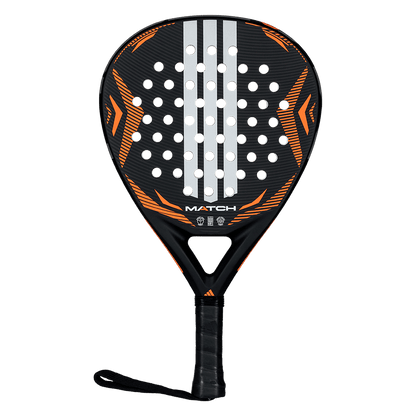 Front view of Adidas Match 2026 padel racket in black and orange with large sweet spot, designed for beginner players