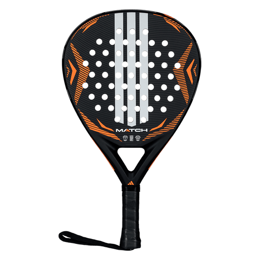 Front view of Adidas Match 2026 padel racket in black and orange with large sweet spot, designed for beginner players