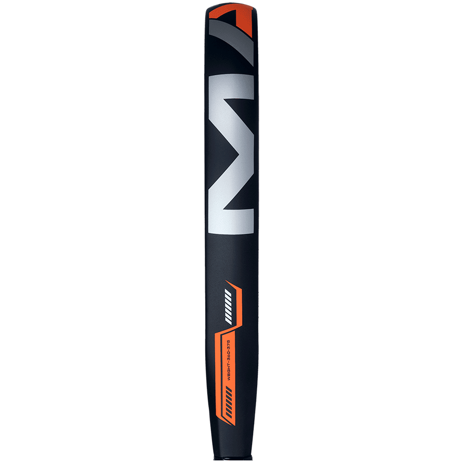 Side profile of Adidas Match 2026 padel racket in black and orange showing frame thickness, designed for beginner players