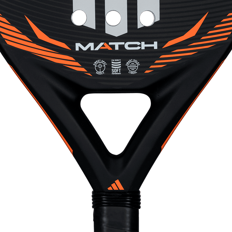 Close up of Adidas Match 2026 padel racket throat in black and orange showing structural design, designed for beginner players