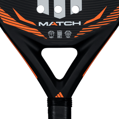 Close up of Adidas Match 2026 padel racket throat in black and orange showing structural design, designed for beginner players