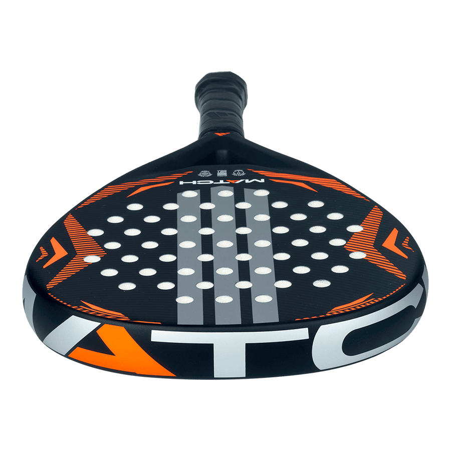 Underside view of Adidas Match 2026 padel racket in black and orange highlighting hole pattern, designed for beginner players