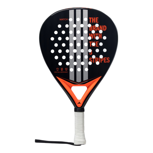Adidas Match Black 3.4 padel racket front view, black and orange design with central branding.