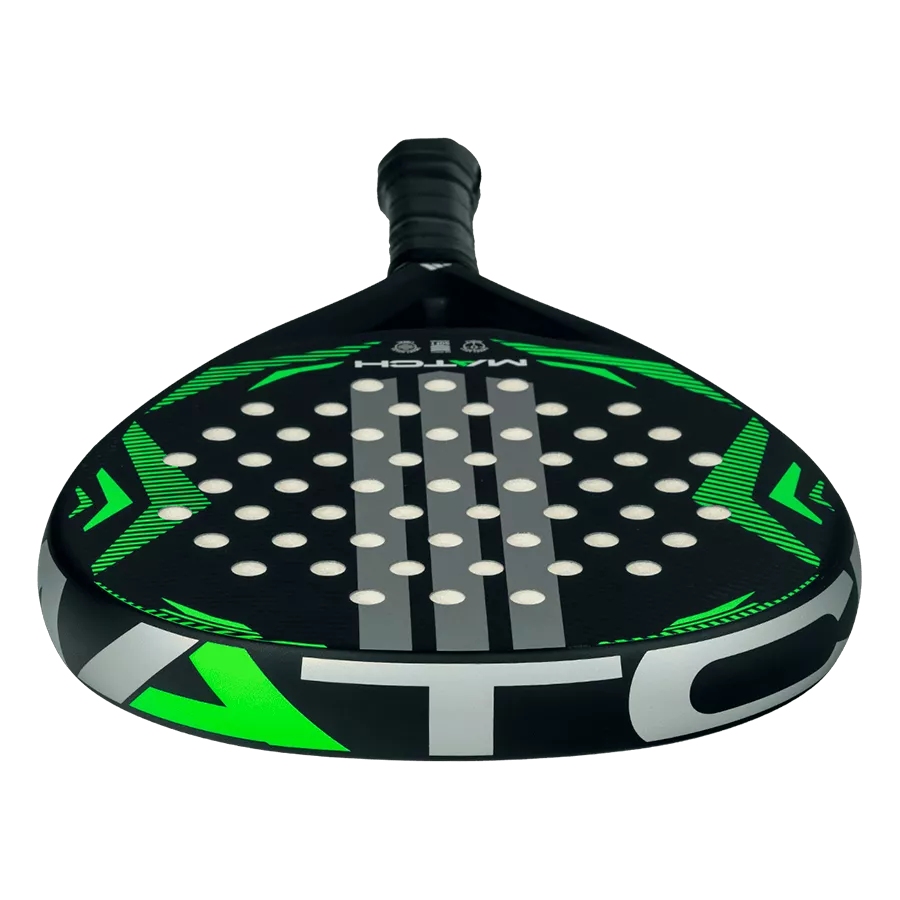 adidas Match Black Lime 2026 padel racket low angle view, wide sweet spot and soft performance core, designed for beginner players.