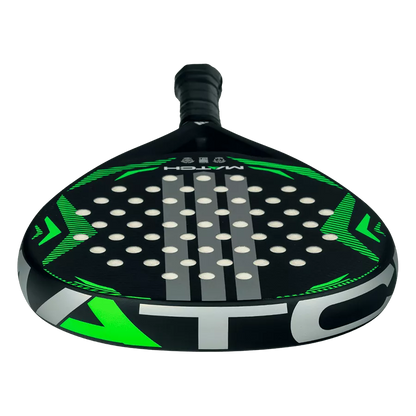 adidas Match Black Lime 2026 padel racket low angle view, wide sweet spot and soft performance core, designed for beginner players.