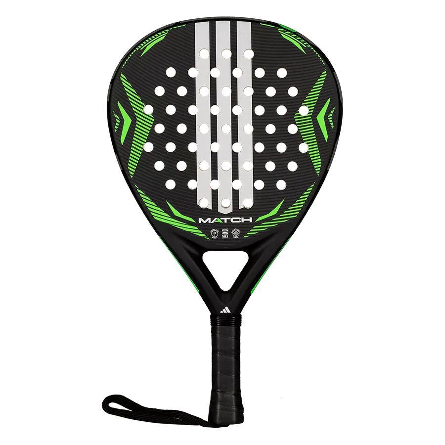adidas Match Black Lime 2026 padel racket front view, hybrid shape with fibreglass face, designed for beginner players.