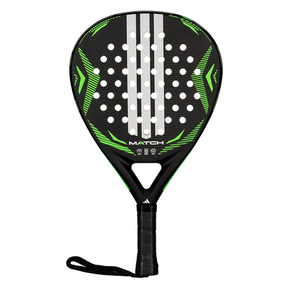 adidas Match Black Lime 2026 padel racket front view, hybrid shape with fibreglass face, designed for beginner players.