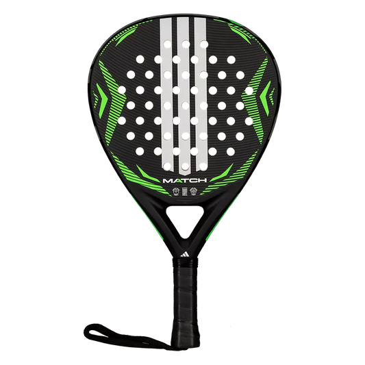 adidas Match Black Lime 2026 padel racket front view, hybrid shape with fibreglass face, designed for beginner players.