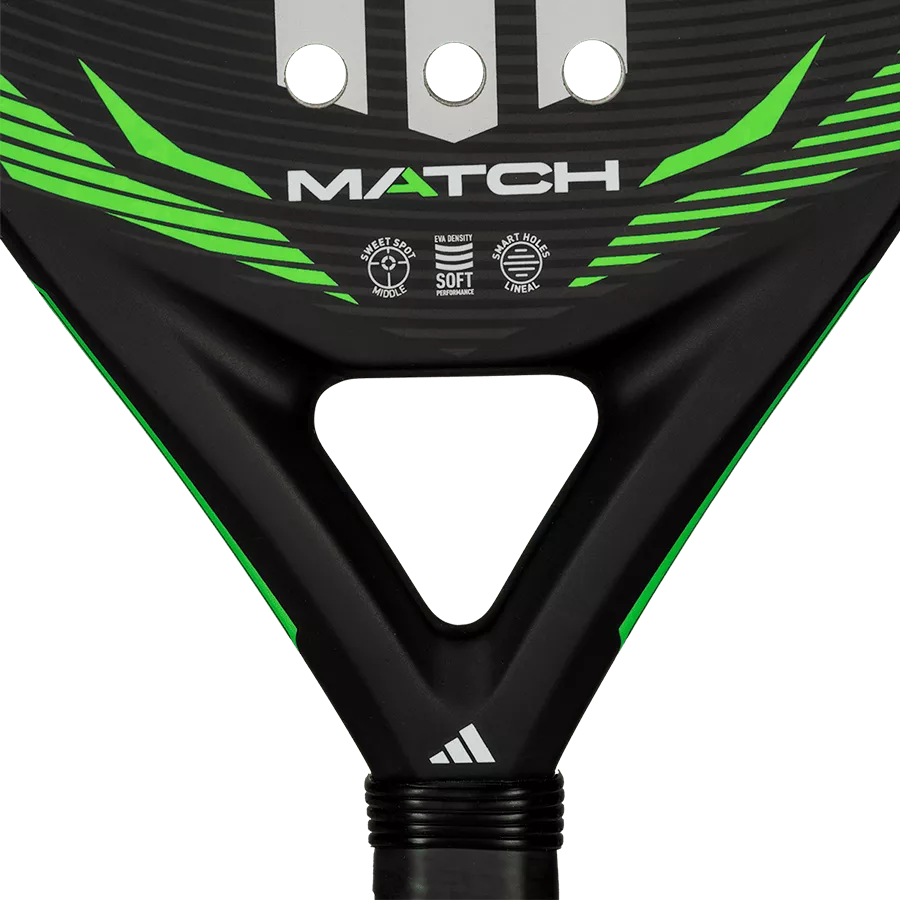 adidas Match Black Lime 2026 padel racket face close up, fibreglass surface with smart holes lineal, designed for beginner players.