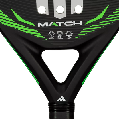 adidas Match Black Lime 2026 padel racket face close up, fibreglass surface with smart holes lineal, designed for beginner players.