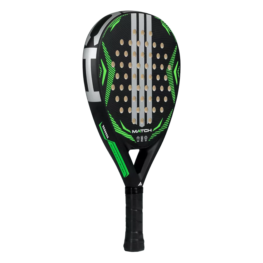 adidas Match Black Lime 2026 padel racket side angle view, all round format and lightweight construction, designed for beginner players.