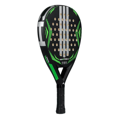 adidas Match Black Lime 2026 padel racket side angle view, all round format and lightweight construction, designed for beginner players.