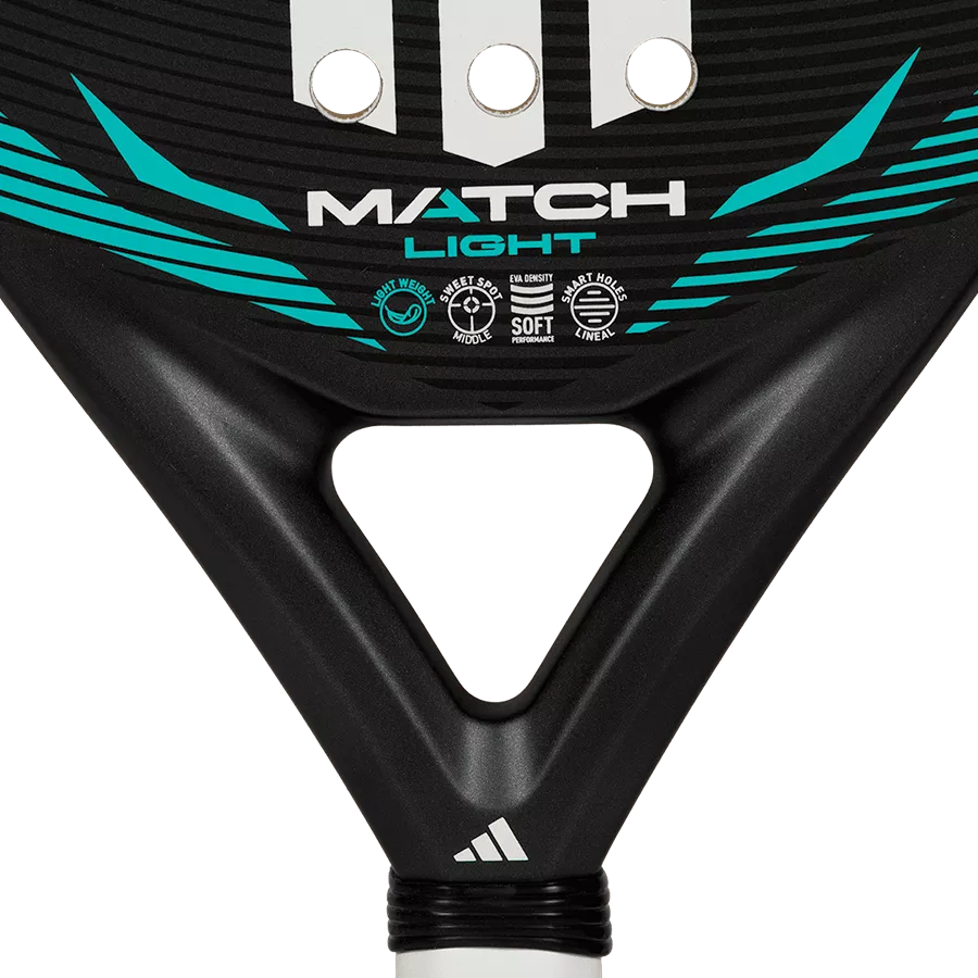 adidas Match Light 2026 padel racket throat close up, central sweet spot and smart holes lineal design, designed for beginner players.