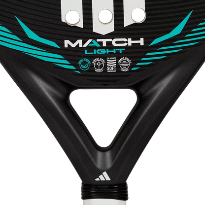 adidas Match Light 2026 padel racket throat close up, central sweet spot and smart holes lineal design, designed for beginner players.