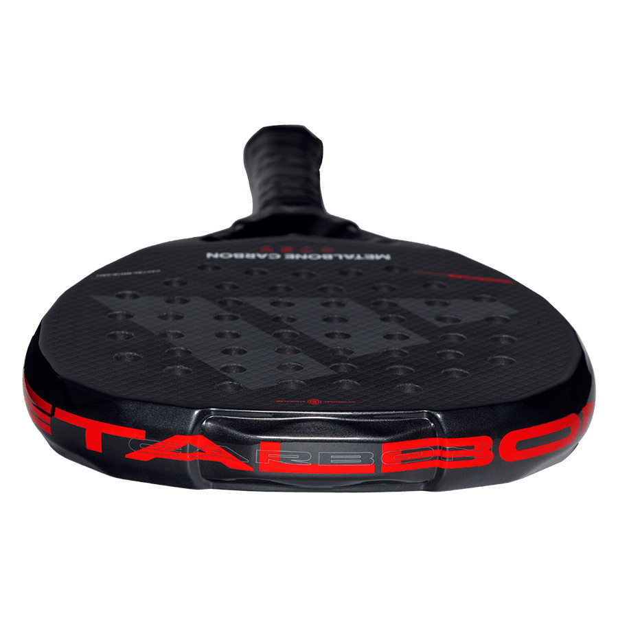 Low angle of the Adidas Metalbone Carbon 2026 racket face with textured carbon surface and hole pattern, designed for advanced players.