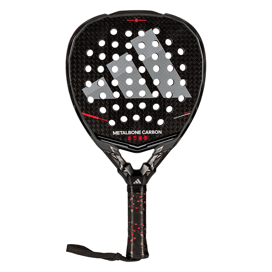 Front view of the Adidas Metalbone Carbon 2026 padel racket with carbon face and adidas logo pattern, designed for advanced players.